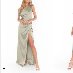 Show Me Your MuMu One-Shoulder Satin Gown in Sage Green